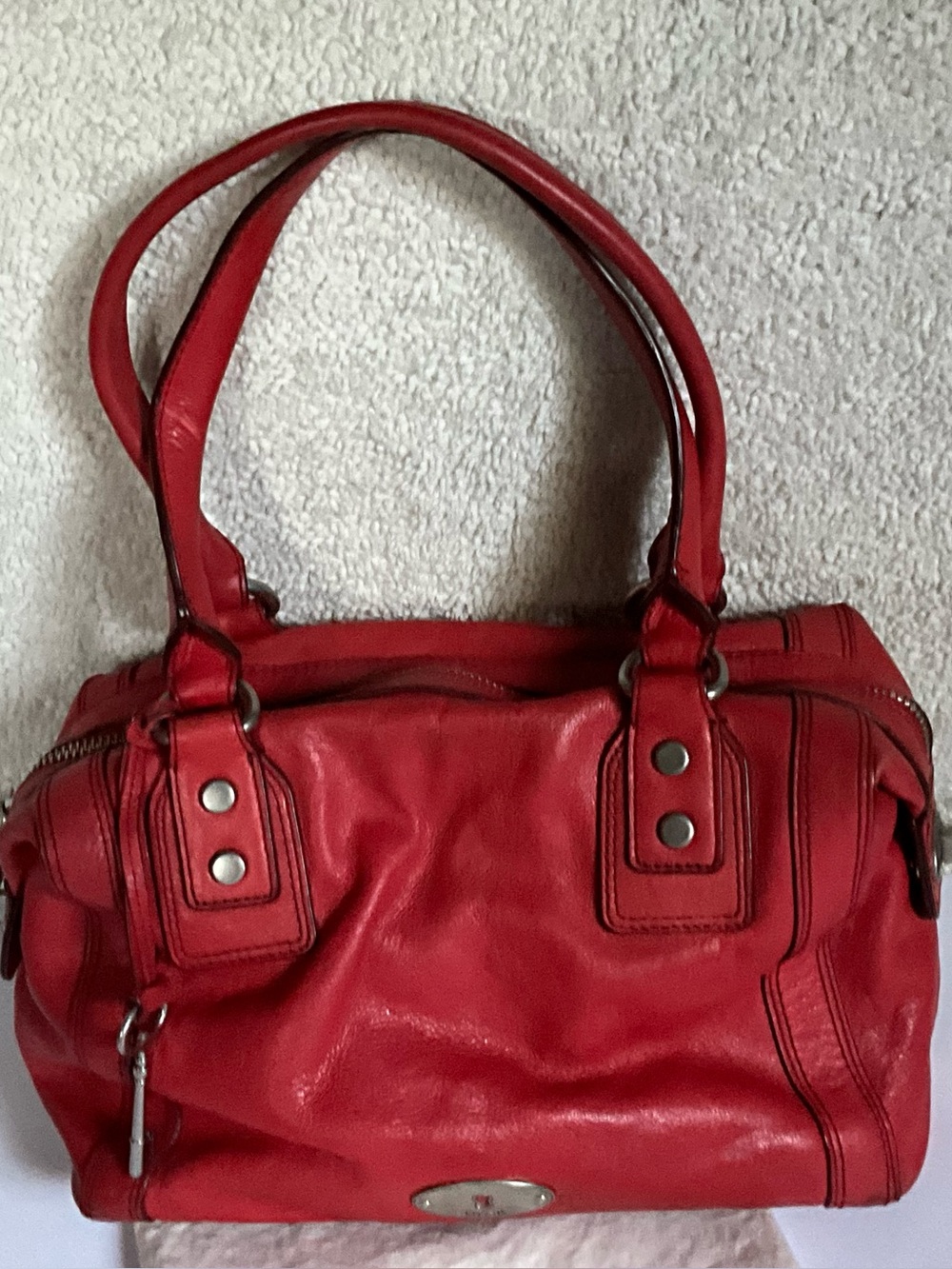 FOSSIL Cherry Red Leather Hand Bag With Dust Bag